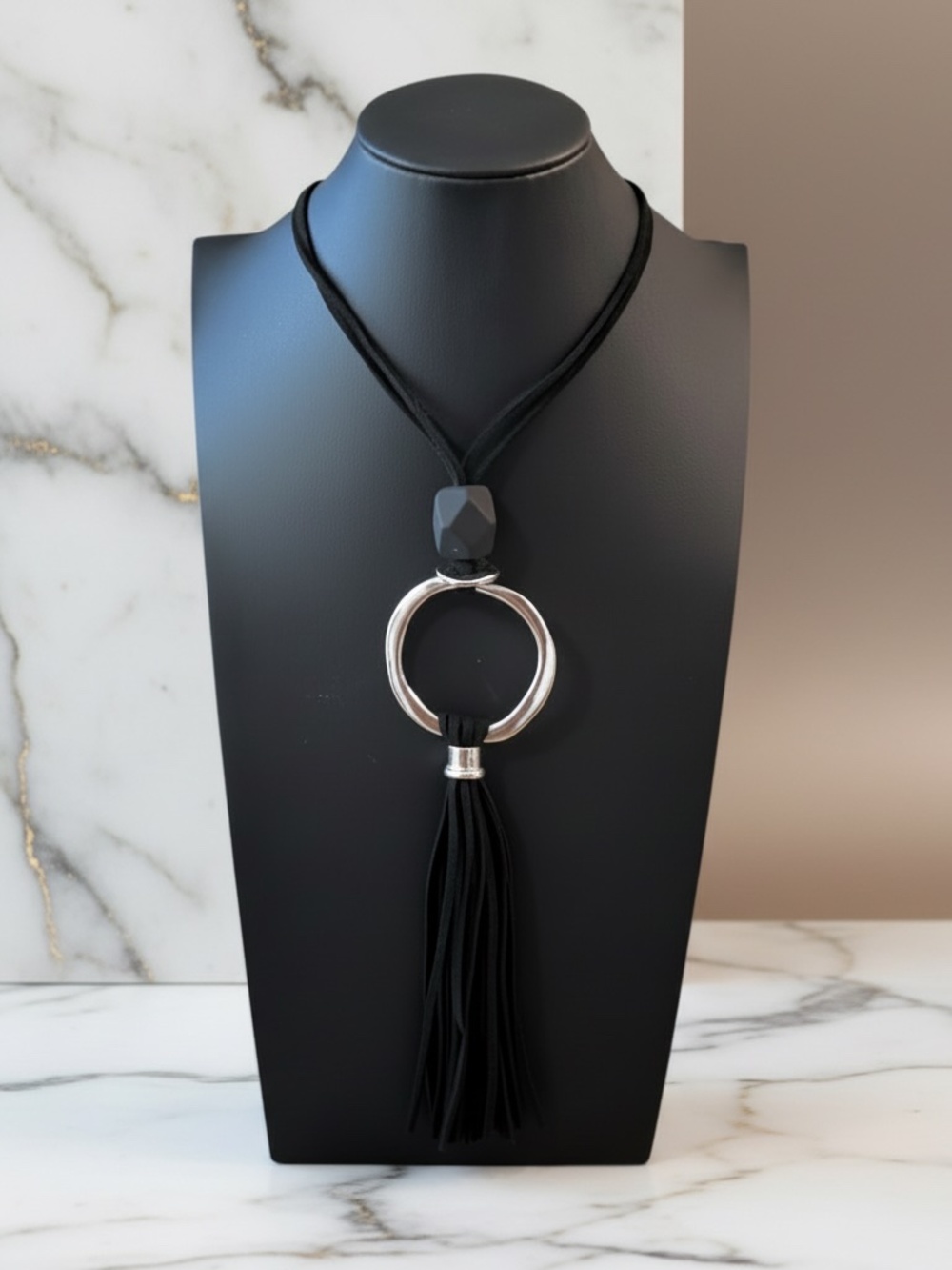 Womens Black Cord Pendant Necklace with Tassel